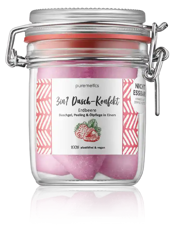 puremetics 3in1 Dusch-Konfekt Erdbeere - Duschgel, Peeling & Ölpflege in Einem (200 g) Hochwertig