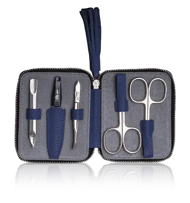 Handgefertigt Erbe Solingen Maniküre-Etui aus Leder mit Reißverschluss und Anhänger in Marineblau (5-teilig)