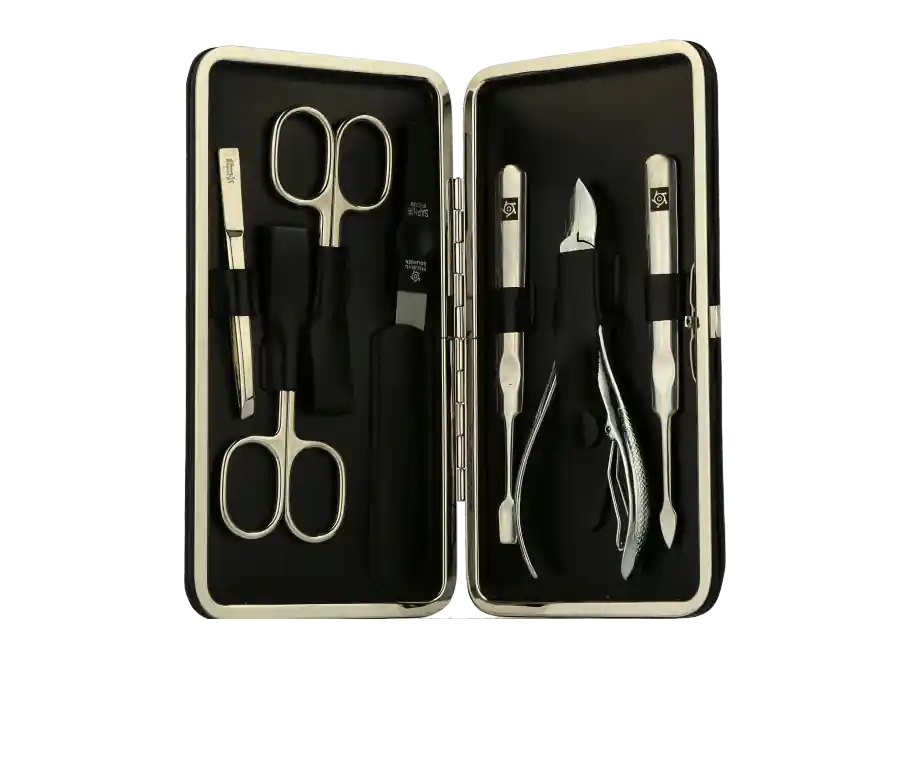 Nur Heute Pfeilring Manicure-Sets Rahmen-Etui, Rindleder, schwarz, vernickelte Instrumente (7-teilig)